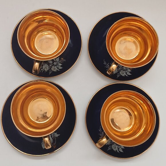 VTG Cobalt Blue Gold Interior Fine Porcelain Favolina 4 Cups & Saucers Poland - Picture 3 of 16